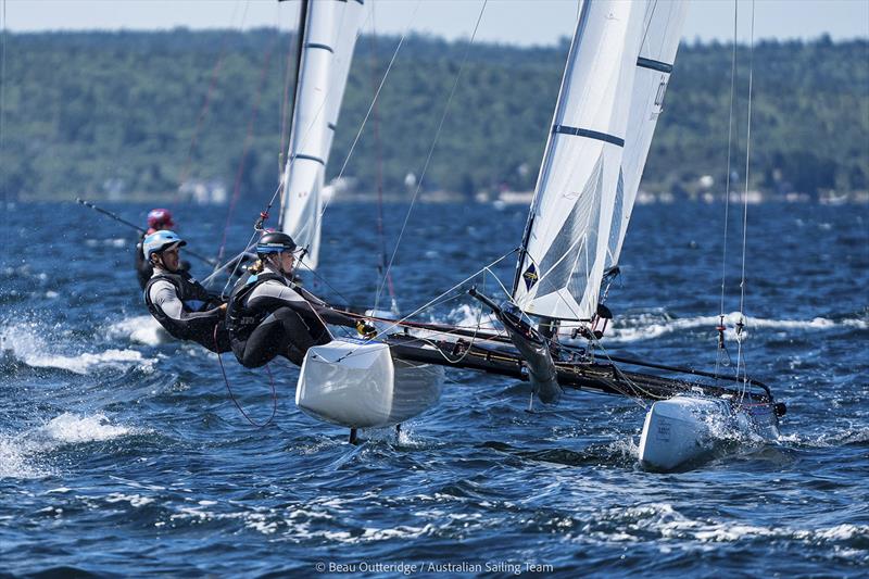 Brin Liddell and Rhiannan Brown at the Nacra 17 World Championships in Hubbards, NS, Canada photo copyright Beau Outteridge taken at Hubbards Sailing Club and featuring the Nacra 17 class