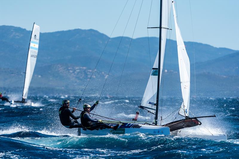 Jason Waterhouse and Lisa Darmanin lead the Nacra 17 - 2023 Hyeres Regatta - photo © Beau Outteridge / Australian Sailing Team