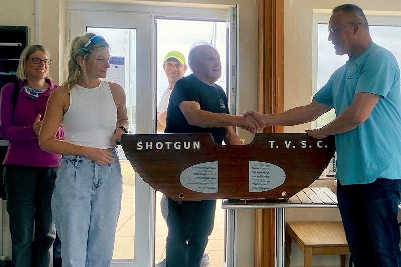 Paul Turner presents Ed Willett and Sarah Robinson with the Shotgun Trophy - National 12 training and open meeting at Whitefriars - photo © Markus Holden