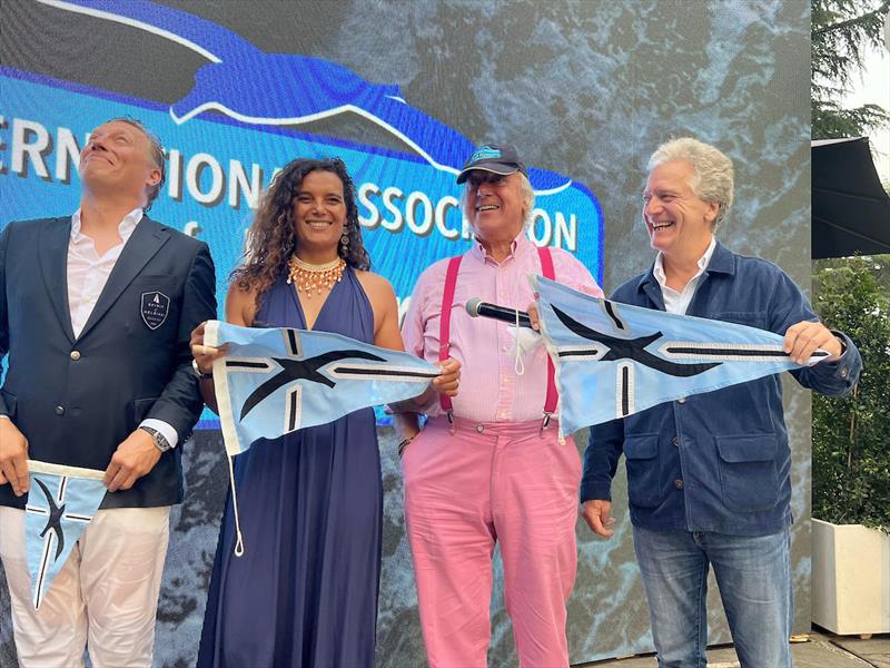 Jussi Paavoseppä (Spirit of Helsinki), Marie Tabarly (Pen Duick VI) and Jean d'Arthuys (Triana) receive their Cape Horner burgees - photo © Marco Ausderau / OGR2023