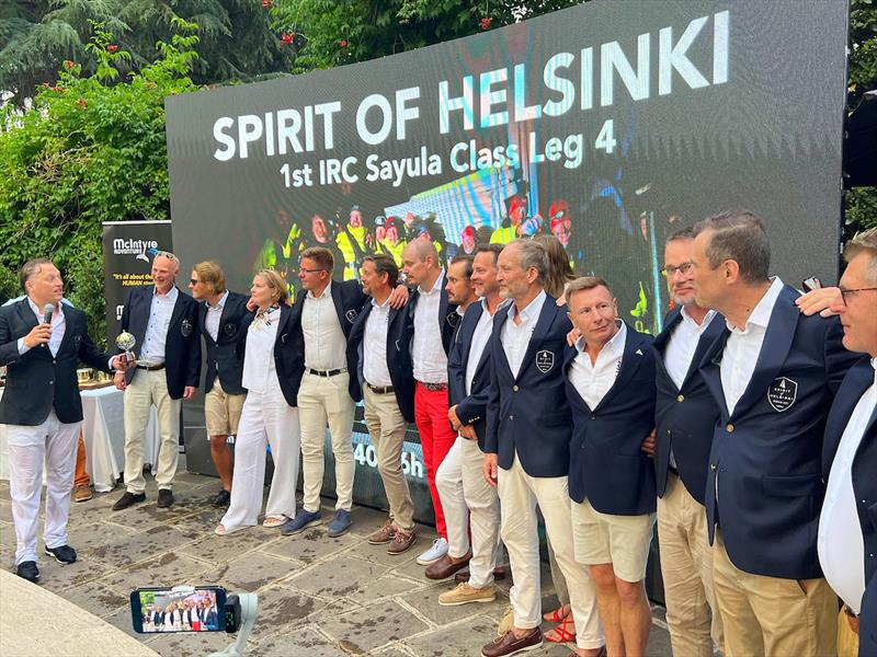 Jussi Paavoseppä (Far Left, Team Spirit of Helsinki) climbed out of the pool, soaking wet, to collect his team's Leg 4 1st Place IRC in Sayula Class and 2nd Place IRC Overall OGR23 trophies - photo © Marco Ausderau / OGR2023