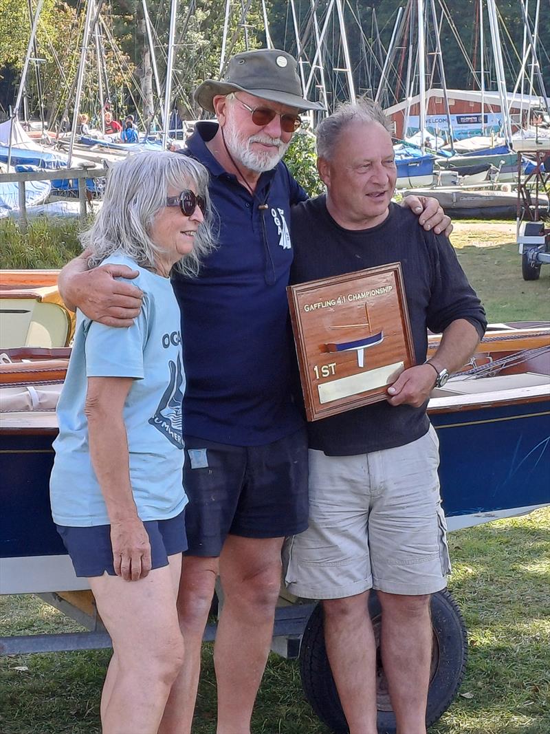 Winners (l-r) Beverley Yates, Peter Elliston and Jermey Lambert at the Gaffling Dinghy Championship at Ullswater photo copyright Steve Yates taken at Ullswater Yacht Club and featuring the Gaffers class