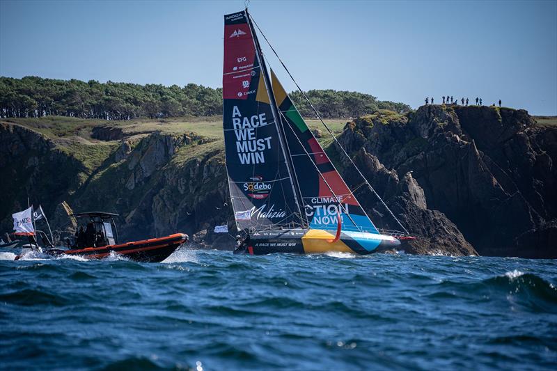 After passing the island of Groix to port, the IMOCA fleet is heading south photo copyright Marie Lefloch / Team Malizia taken at  and featuring the IMOCA class