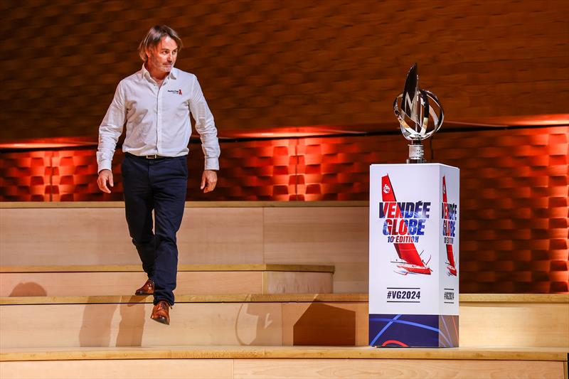 Maitre Coq V skipper Yannick Bestaven (FRA) with trophy during the Vendée Globe press conference, at La Seine Musicale in Boulogne-Billancourt, France, on September 19 photo copyright Olivier BLANCHET / Alea / VG2024 taken at  and featuring the IMOCA class