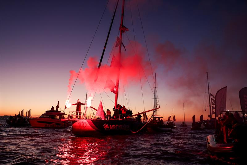 Sébastien Simon (FRA) is celebrating with flares after taking 3rd place in the Vendée Globe, on January 17, in Les Sables d'Olonne, France - photo © Jean-Marie Liot / Alea