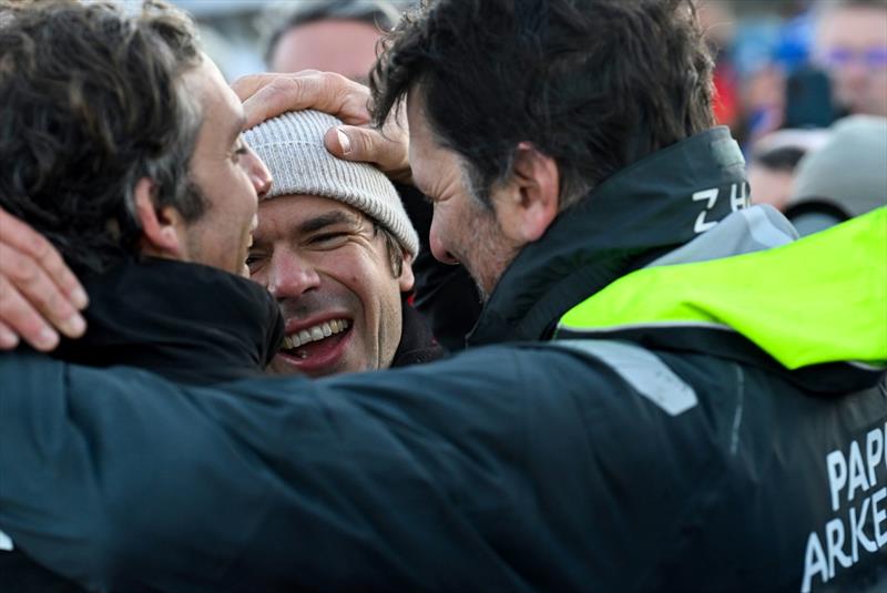 Sébastien Simon (FRA) is photographed with winner Charlie Dalin and 2nd Yoann Richomme after taking 3rd place in the Vendée Globe, on January 17, in Les Sables d'Olonne, France photo copyright Jean-Louis Carli / Alea taken at  and featuring the IMOCA class