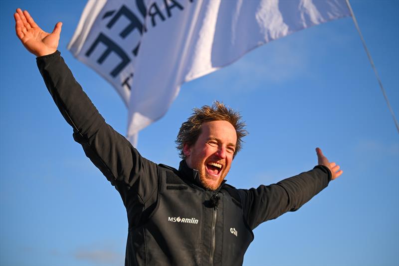 Conrad Colman (NZL) - MS Amlin - celebrates after finishing 21st  in the 2024 Vendée Globe - Les Sables d'Olonne , France - February 4, 2025 photo copyright Vincent Curutchet / Alea taken at  and featuring the IMOCA class