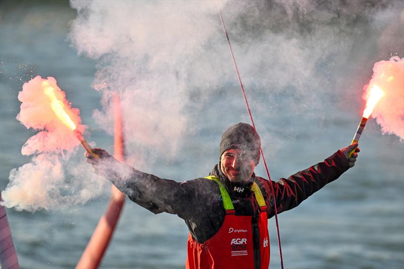 Prysmian skipper Giancarlo Pedote (ITA) celebrating after taking 22nd place in the Vendée Globe, on February 04, in Les Sables d'Olonne, France - photo © Jean-Louis Carli / Alea