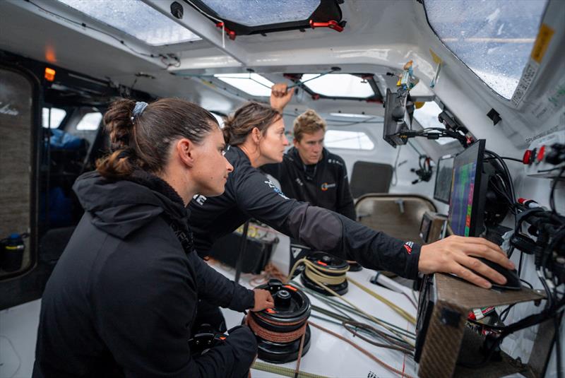 Co-skippers Cole Brauer, Justine Mettraux, and Will Harris fighting until the very end of Leg 1 of The Ocean Race Europe 2025 - photo © Flore Hartout / Team Malizia
