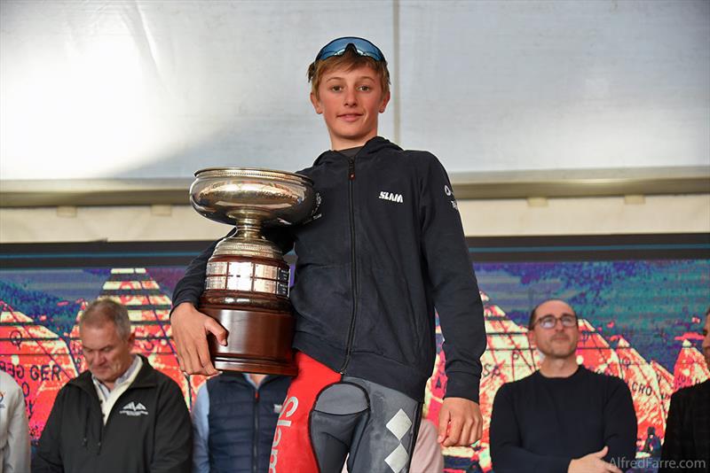 Jesper Karlsen with the permanent trophy Vila de Palamós as overall winner - 35th Palamós Optimist Trophy 2025 photo copyright Alfred Farré taken at Club de Vela Palamos and featuring the Optimist class