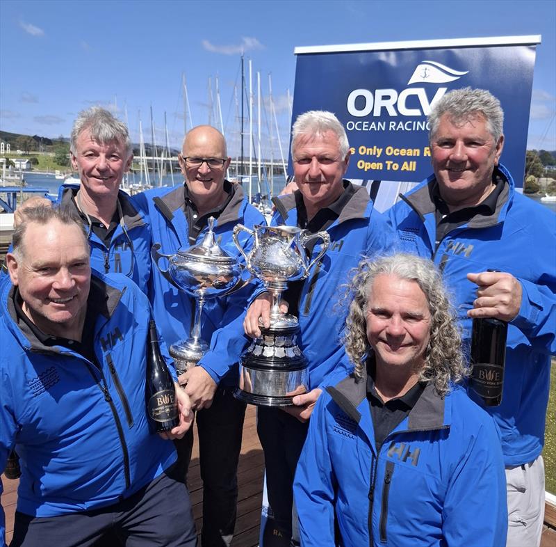 The crew of DasherplusFisher How Bizarre with the prestigious Rudder Cup  - 2024 Melbourne to Devonport Rudder Cup - photo © Al Dillon