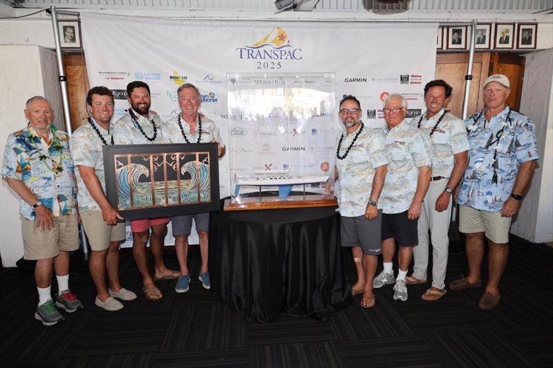 Transpac 2025 - The crew of John Raymont's Fast Exit II, winners of the Merlin Trophy, posing with TPYC Commodore Bill Guilfoyle, far right, and Merlin's designer, Bill Lee, far left - photo © David Livingston