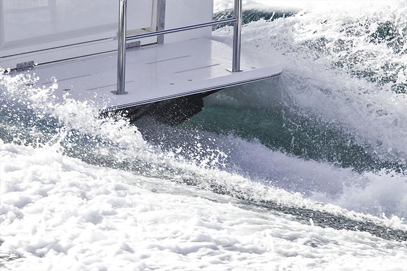 Interceptors at work on the outboard edges of the transom on Riviera's 395 SUV - photo © John Curnow