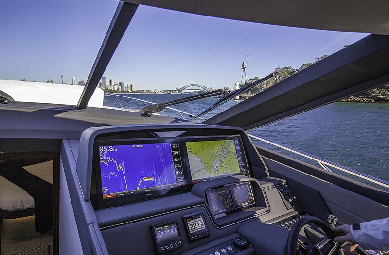 Helm position on the Maritimo X60 offers great sight lines and easy, clear access to critical information photo copyright John Curnow taken at  and featuring the Power boat class