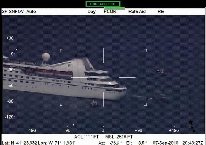 Close up footage of the cruise ship Star Pride in Buzzards Bay, Massachusetts Friday, Sept. 7, 2018, from Air Station Cape Cod's HC-144 Ocean Sentry. Local Coast Guard units and the Buzzards Bay Task Force responded to the ship after it became disabled photo copyright U.S. Coast Guard taken at  and featuring the Power boat class