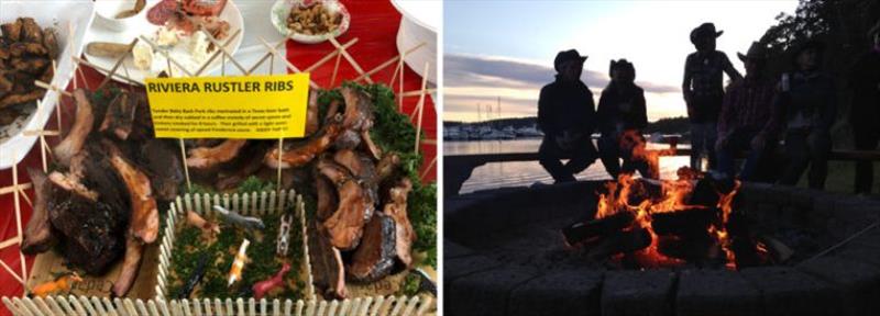 Left: The winning pot luck offering. Right: An open fire, a fine sunset and a chance to talk - photo © Riviera Australia