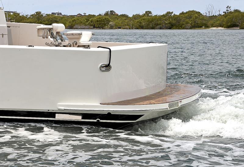 Maritimo One M72 sports a magnificent, wedge style transom below the fixed duckboard to ensure she rises up when backing down hard onto fish, and not push her transom under. Cool. - photo © Murray Waite