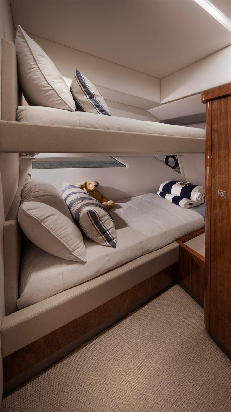 Spacious, light, and airy in the twin bunk third cabin - Riviera 505 SUV World Premiere - photo © Riviera Australia