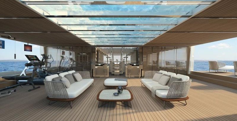 The stern of the lower deck opens to form a beach club of 92 m2 (containing lounge areas, a bar zone, a fitness space and a hammam) joined by another 40 m2 of folding terraces - photo © Sanlorenzo Yachts