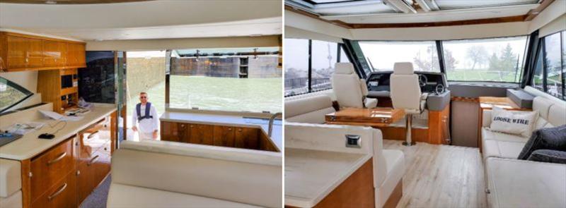 LEFT: The woodwork is one of the Larsen's favourite features on their 525 SUV. RIGHT: The Larsens particularly enjoy great visibility from the helm. - photo © Riviera Australia