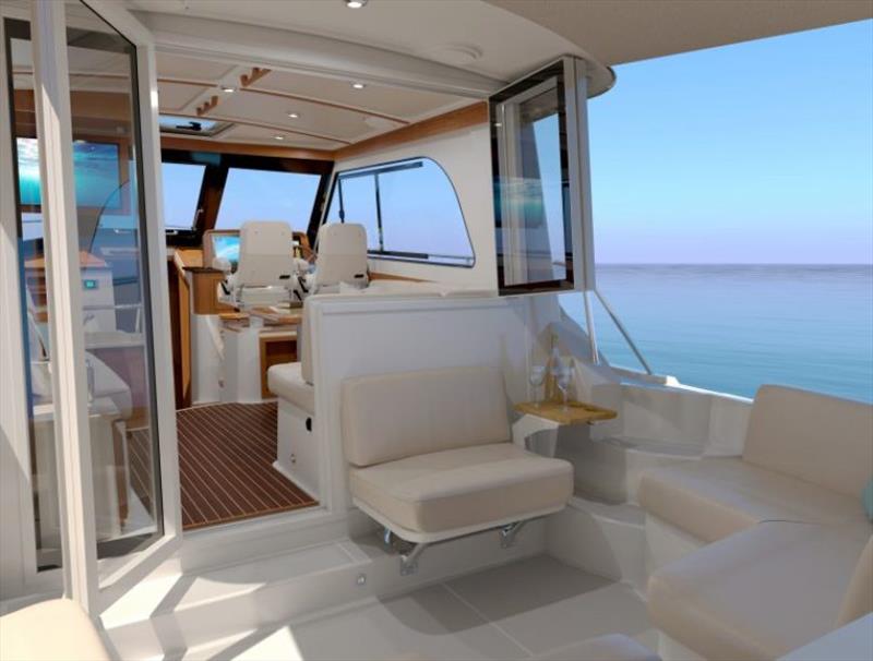 The Back Cove 372 will feature an aft-facing cockpit seat with a folding armrest, a new bi-fold door and window system, a redesigned helm pod, and a black windshield liner, among other innovations. - photo © Back Cove Yachts