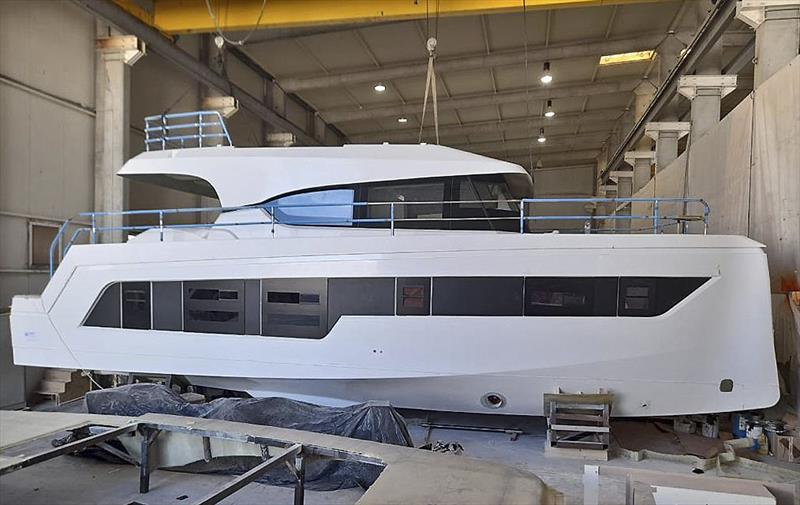 Hull Number One of the new Aventura A14 powercat nears completion. - photo © Aventura