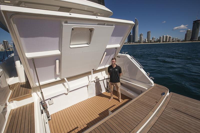 Tom Barry-Cotter (6'2` in the old scale) in the huge lazarette of the new Maritimo M55 - photo © John Curnow