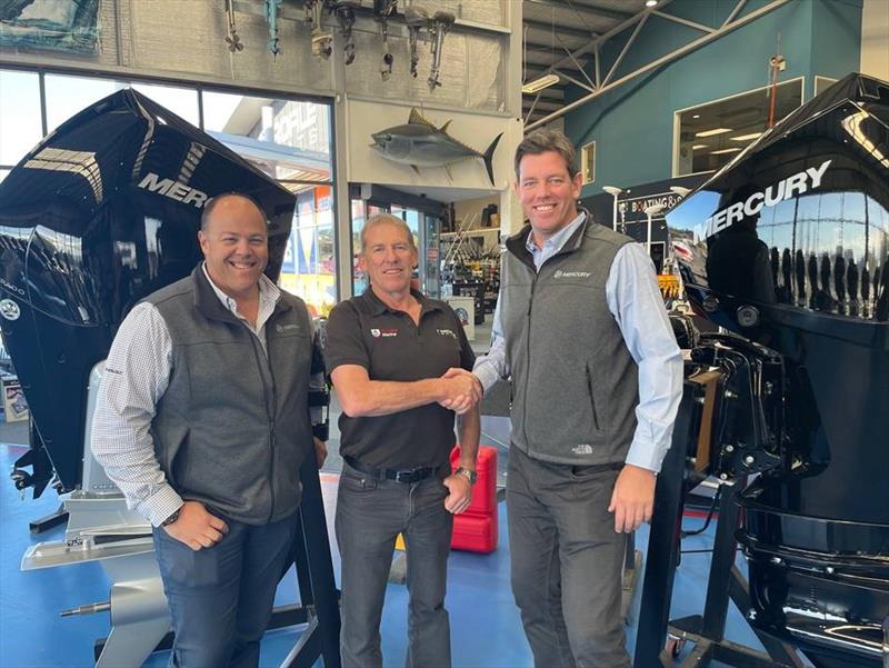 (Left to right) Mercury's Dean Harris with Brian Firman and Will Sangster, Mercury's GM Asia-Pacific - photo © Mercury Marine