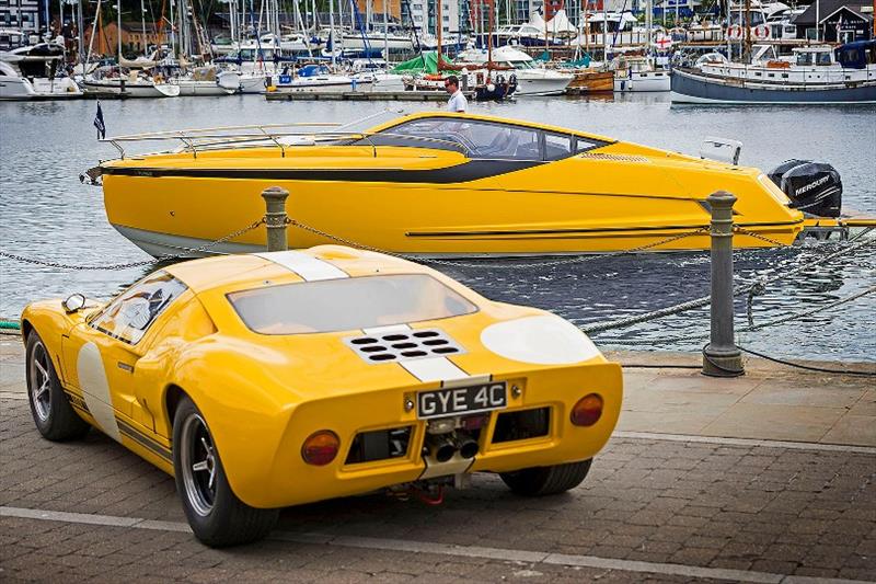 The Fairline F//LINE 33 and its design inspiration, the 1960s GT40 sports car, bringing the sunshine to Ipswich. - photo © Fairline Yachts