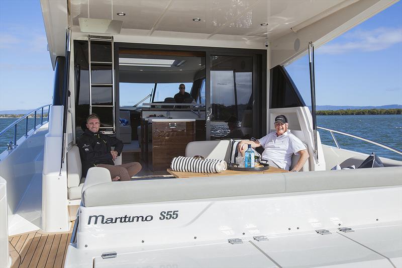 Rosco Willaton driving, as Tom Barry-Cotter and Paul Wilson demonstrate yet more of the lounging space on the Maritimo S55 - photo © John Curnow
