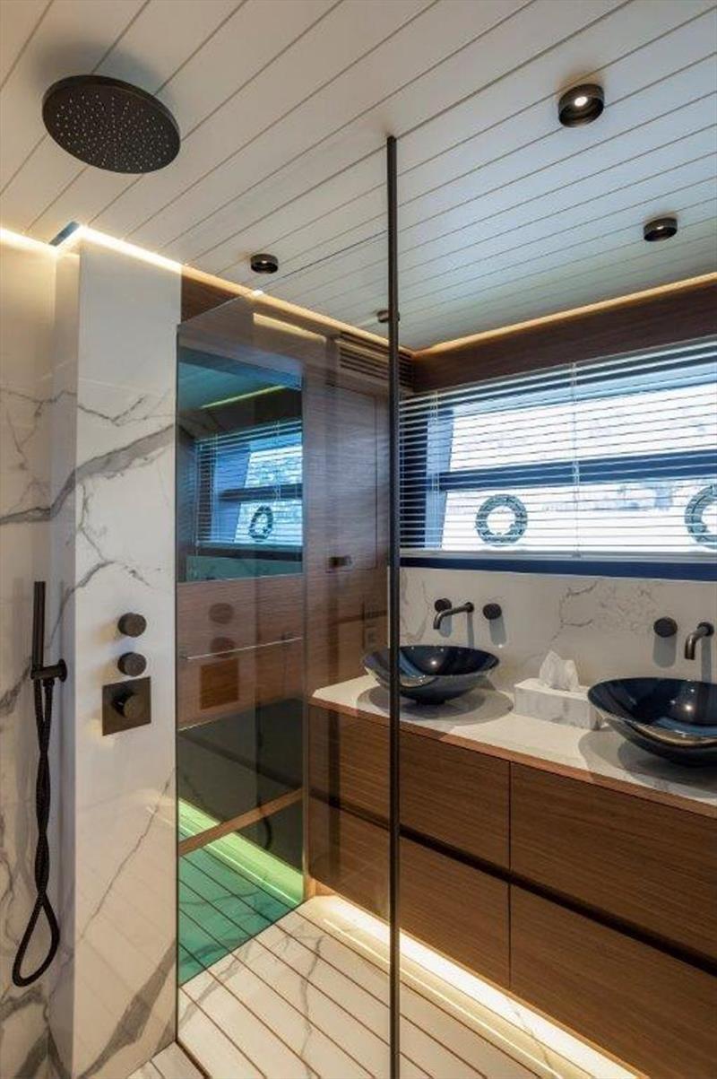 Evo V8 master bathroom photo copyright Evo Yachts taken at  and featuring the Power boat class