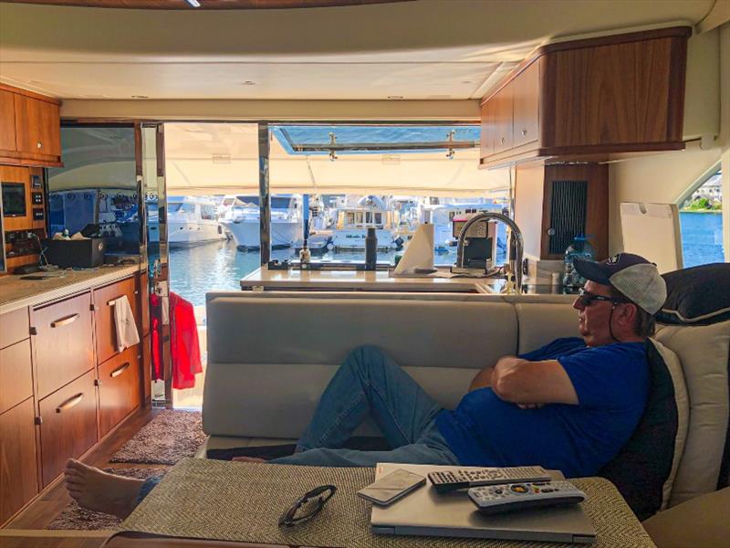 Brian is right at home aboard the 575 SUV, a motor yacht that combines superior seakeeping qualities with plenty of room to relax in luxury.? photo copyright Riviera Australia taken at  and featuring the Power boat class
