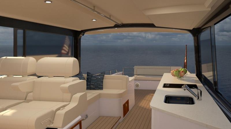 Spacious and versatile, the 4z's indoor/outdoor pilothouse morphs easily from open to weather tight - photo © MJM Yachts