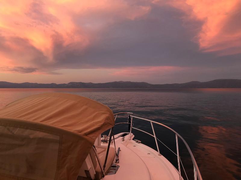 A serene sunset aboard the 395 SUV at Lake Tahoe, where strong winds can at times create challenging boating conditions. - photo © Riviera Australia