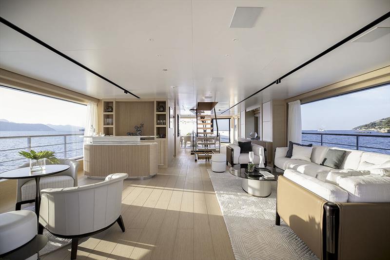 The hub of on-board socialising, the upper deck features the lines of the sofa and armchairs of the URBAN series and GALET coffee tables with AURA armchairs and an OTI low table - Benetti B.Yond 37 M Yacht -  photo copyright Georgetti taken at  and featuring the Power boat class