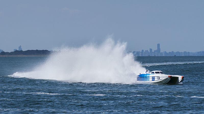 The highly visible rooster tail caused by the surface piercing drives of the Class One boats - Offshore Superboat Championship photo copyright Peter Kotsa taken at  and featuring the Power boat class