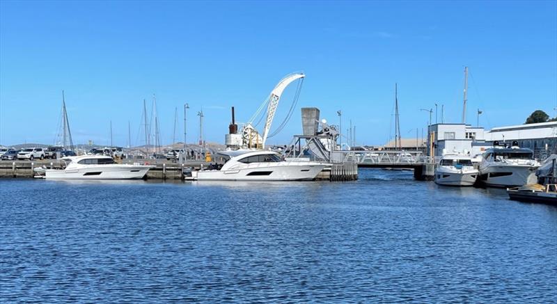 The convoy of Rivieras turned plenty of heads as they explored Tasmania's local waterways including here at Constitution Dock in Hobart, where they were granted special permission to moor - photo © Riviera Australia