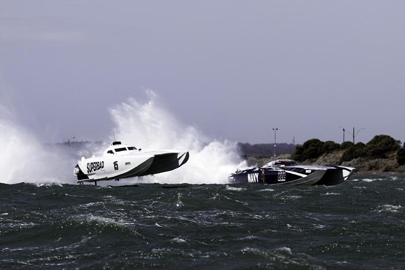 Superbad jumping off to light speed - 2023 Offshore Superboat Championship - photo © Australian Offshore Powerboat Club