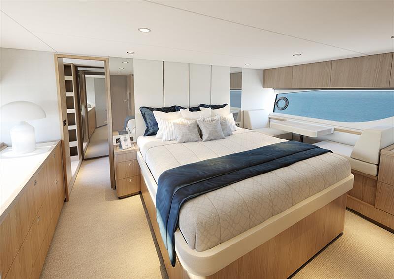The full-beam master stateroom features a private bathroom and walk-in wardrobe with an optional breakfast bar - photo © Riviera Studio