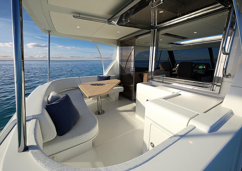 The flybridge aft deck is a splendid private retreat or boutique entertaining area complete with wrap around corner lounge, folding timber table, wet bar and refrigerator photo copyright Riviera Studio taken at  and featuring the Power boat class