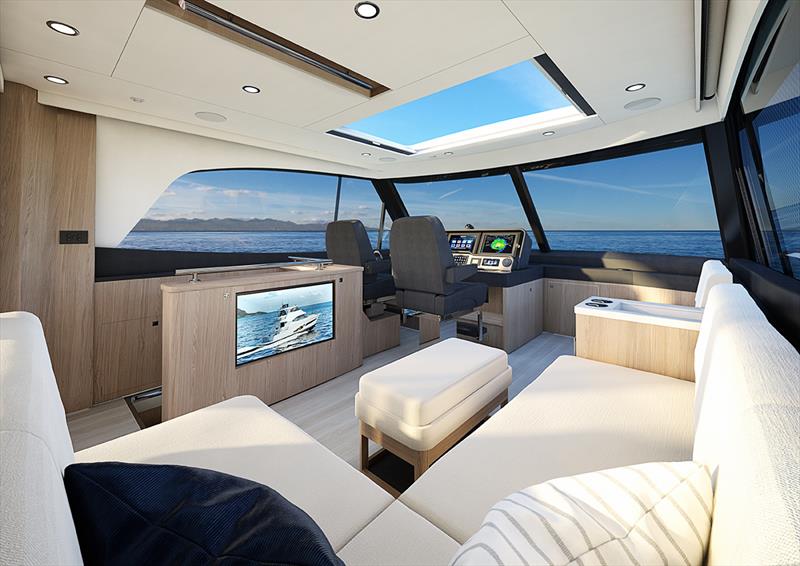 The air-conditioned flybridge becomes an additional entertaining area at anchor with a drawer fridge for refreshments and the L-shaped designer lounge converts to a fold-out double bed for overnight guests - photo © Riviera Studio
