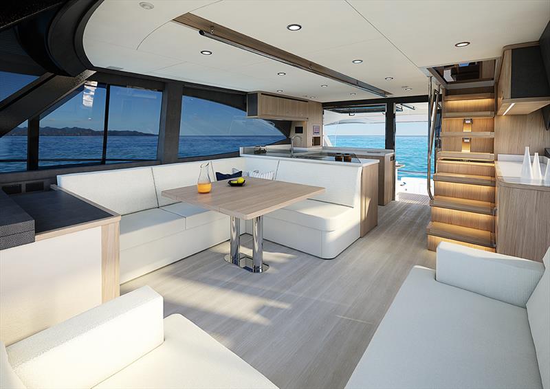 The spacious saloon featrures a plush L-shaped leather lounge dining area with folding timber table photo copyright Riviera Studio taken at  and featuring the Power boat class