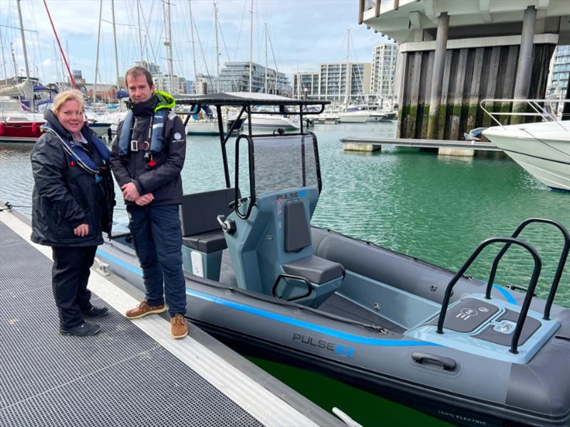 LR MDL and RS Electric Boats Pulse 63 with Lauren McCann (Ocean Village marina manager) and James Bills photo copyright RS Marine Group taken at  and featuring the Power boat class
