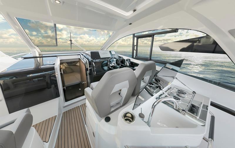 Great helm position, electric sunroof, cooktop, sink, refrigeration, dining settee, direct water access, and BBQ all within reach. nice. Better than nice. Beneteau Gran Turismo 32 photo copyright www.imacis.fr Ludovic FRUCHAUD taken at  and featuring the Power boat class