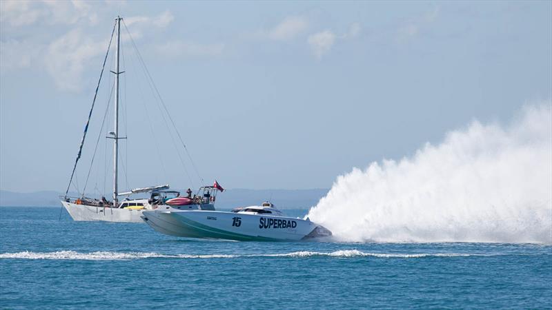 The crowd and everyone else just love Team Superbad. Seen here arriving into the milling area ahead of racing photo copyright Offshore Superboat Championship taken at  and featuring the Power boat class