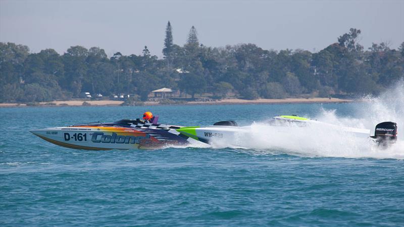The Colonel just in front of Action Property Management, who despite having the inside line have a lot of wash to contend with photo copyright Offshore Superboat Championship taken at  and featuring the Power boat class