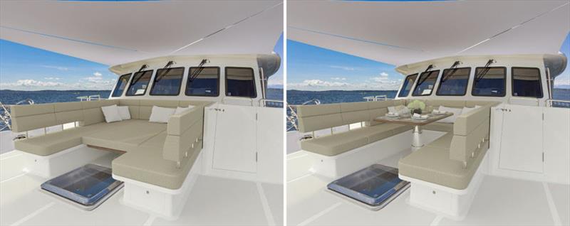 Serenity Foredeck Lounge™, centrally located at the yacht's foredeck settee area - photo © Outer Reef Yachts