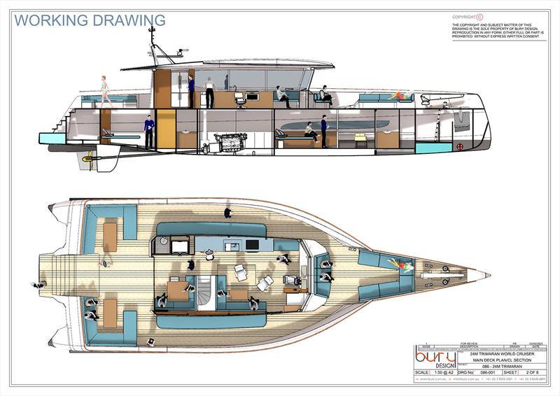 Main deck and accommodations with people - Stabilised Monohull - photo © Bury Design