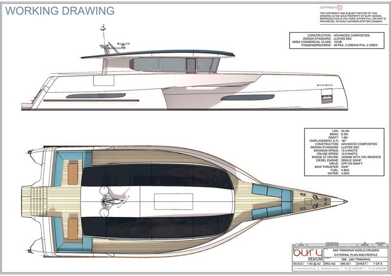Profile and aerial view - Stabilised Monohull photo copyright Bury Design taken at  and featuring the Power boat class