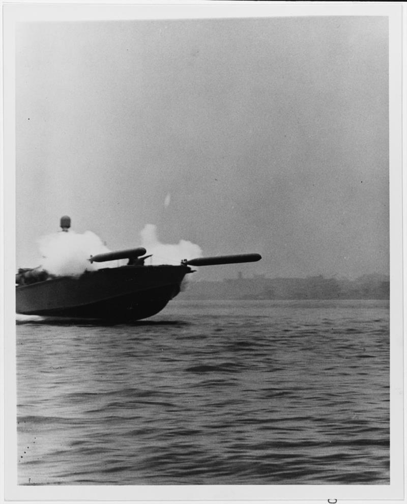 An 80-foot Elco PT boat launches a salvo of torpedoes - photo © Naval History and Heritage Command